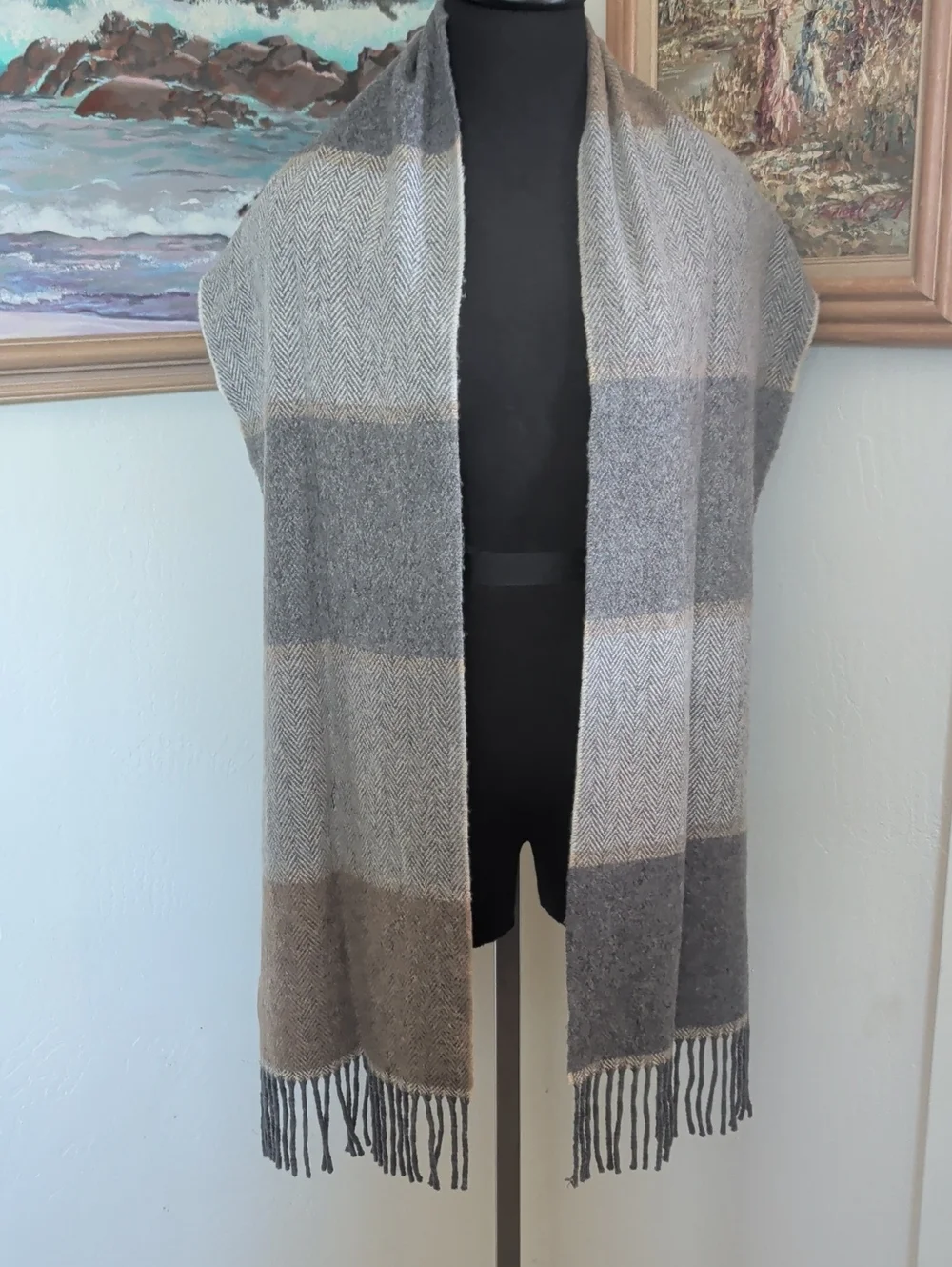 Cozy Neutral Plaid Fringe Throw Scarf - Gray & Brown